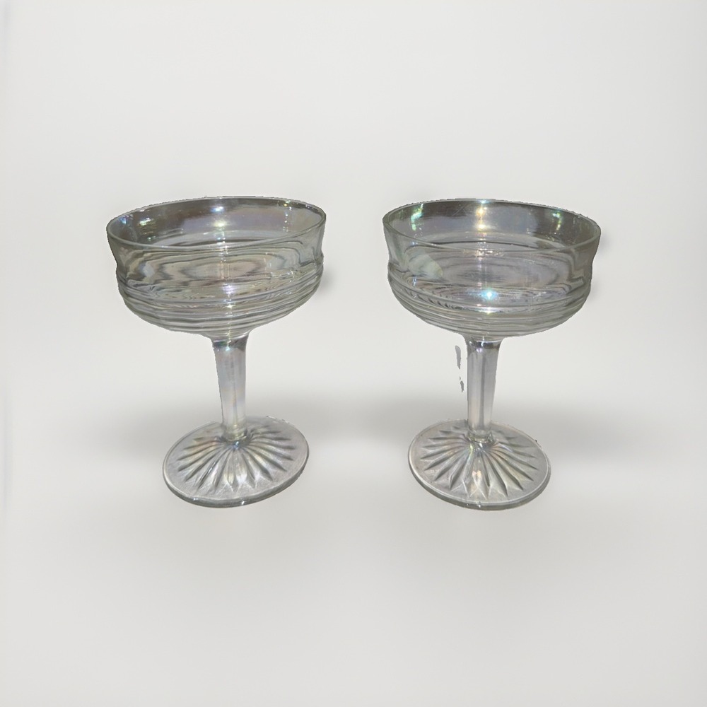Vintage Iridescent Crystal Champagne Coupe Sherbet Cup Carnival Glass Set of 2